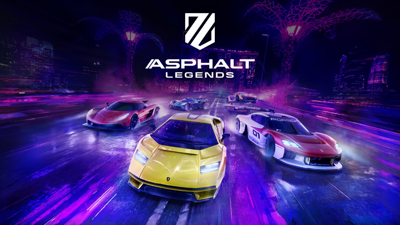 Asphalt Legends key art: supercars racing through a neon-lit city at night.