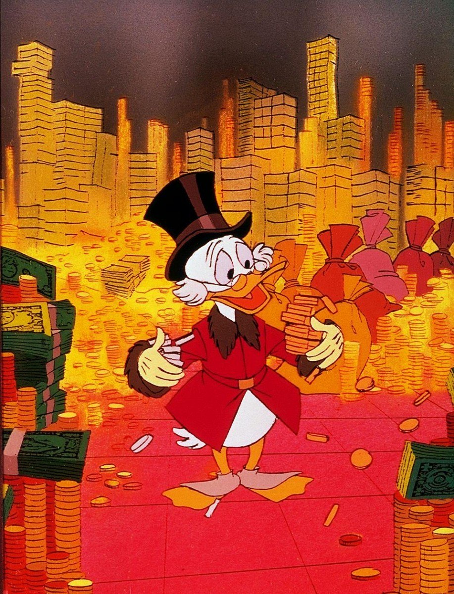 Scrooge McDuck standing amid towers of gold coins and banknotes.