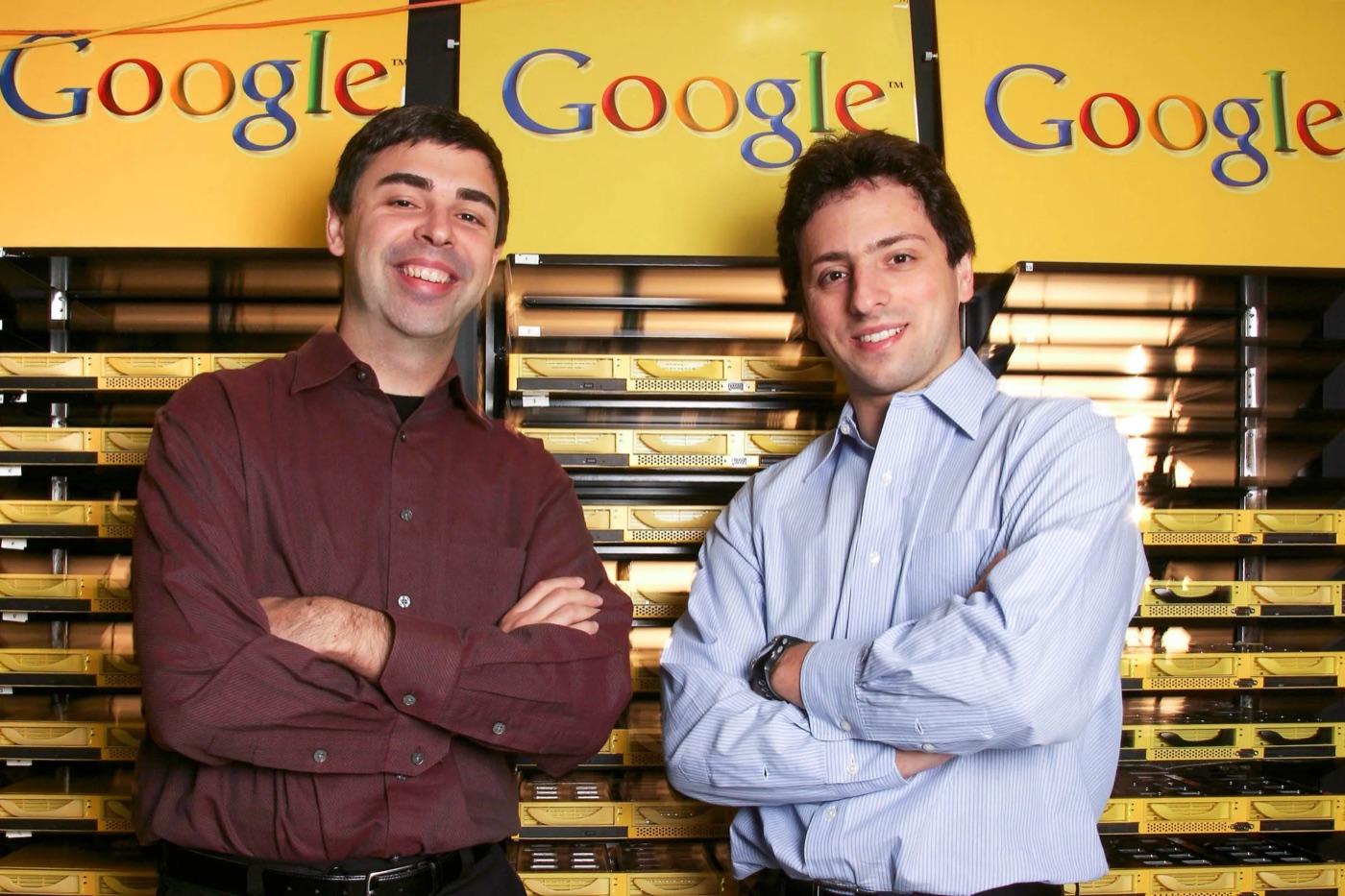 Larry Page and Sergey Brin in an early Google server room.