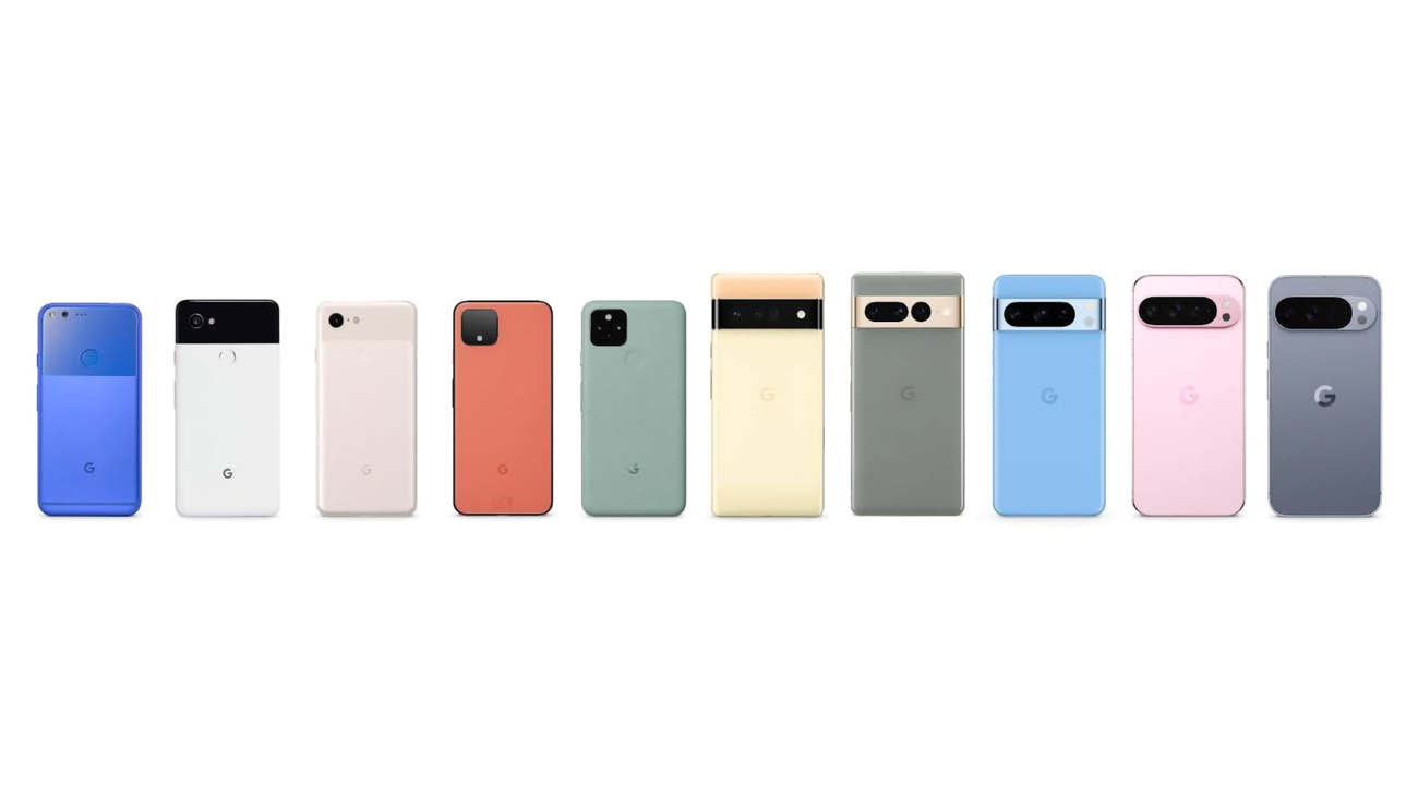 Ten years of Google Pixel phones lined up from the original Pixel to the Pixel 9 Pro.